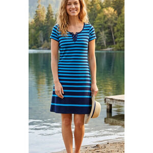 Talbots Dress L Blue Black Striped Cotton Knee Length Short Sleeve Casual Resort